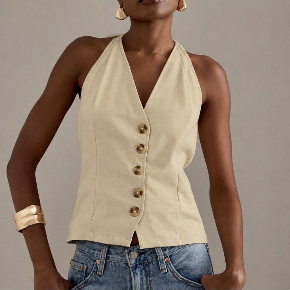 By Anthropologie Halter Vest Top Light Beige Button Front NWT Size Large Y2K